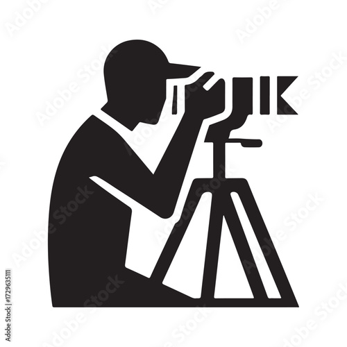 Photographer taking a picture with tripod vector silhouette outline logo design concept