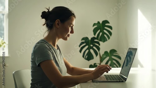 A productive young woman types on her laptop in a warm, high-contrast profile shot, working at a bright white desk in a minimalist home office.