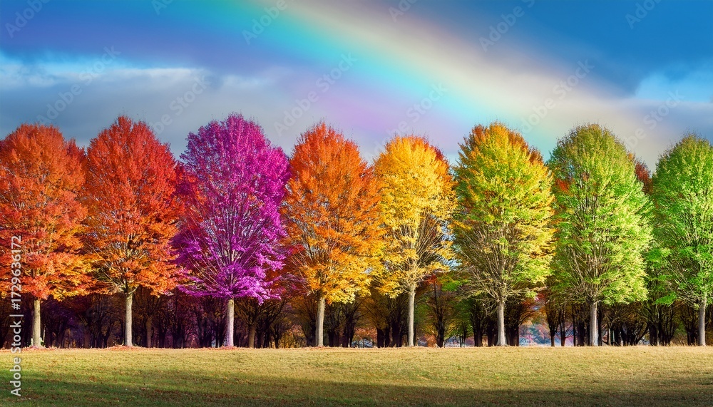 Naklejka premium A Row Of Colorful Trees In A Fantastic Landscape Of The Forest Rainbow Spectrum Autumn In A Fairy Tale