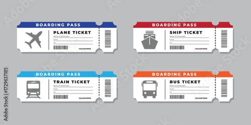 Set of Transportation Ticket. Icons of bus, airplane, ship, and train tickets with barcode included. Vector illustration for travel concept