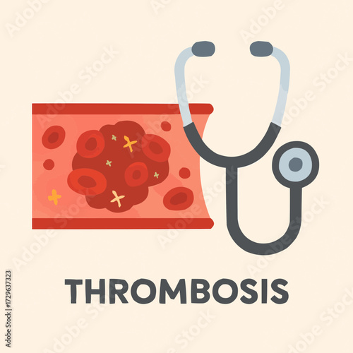 A flat vector illustration of a stethoscope examining a blood vessel with a thrombosis clot, symbolizing medical diagnosis
