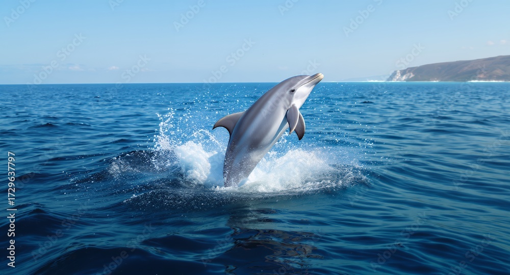 Naklejka premium A Dolphin Leaping Out of the Ocean, Splashing Water Under Clear Blue Sky