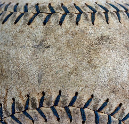 Extreme close-up texture of a weathered baseball. The dirty, cracked leather and prominent black stitching create a powerful, vintage sports background