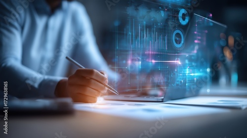 A professional working with digital data analytics, analyzing trends and statistics on a futuristic interface. Focus on innovation.