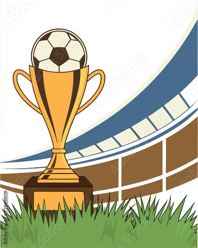 Golden soccer trophy with ball on grass in front of stadium seating football award