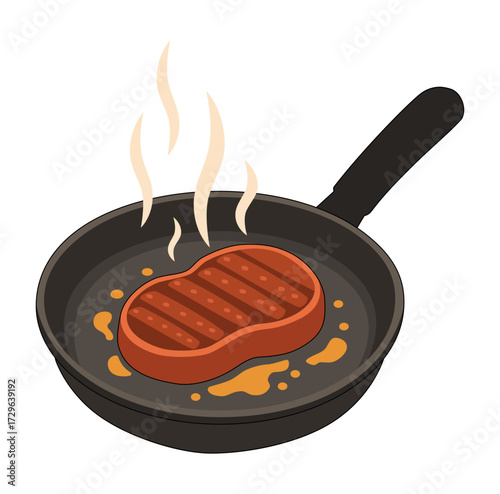 Cartoon Frying Steak In Frying Pan Simple Logo Design Icon Digital