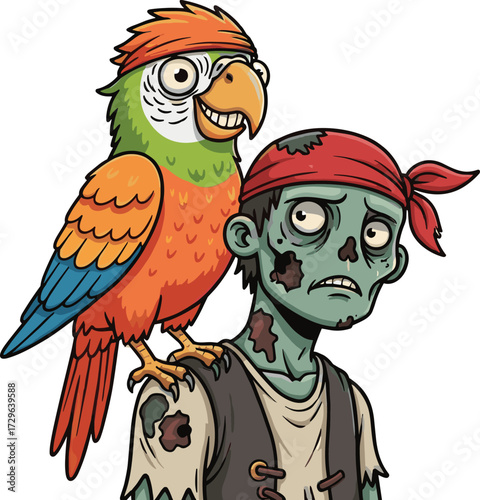 Cartoon zombie pirate with colorful parrot, creepy undead character art, scary green monster boy illustration, Halloween funny spooky vector drawing