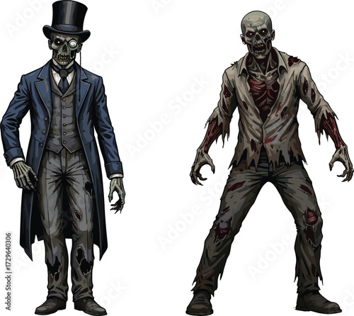 Creepy zombie characters in tattered clothes, horror undead monsters, spooky Halloween creatures, scary ghouls, evil skeleton, dark fantasy illustration