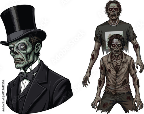 Creepy zombie characters in elegant suit and tattered clothes, undead monsters, horror ghouls, spooky skeletons, scary Halloween fantasy illustration