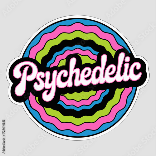psychedelic flowing trippy script in neon magenta electric lime deep indigo swirling concentric vortex thin stripe glow micro halftone layered vector text background and die-cut for stickers,  posters