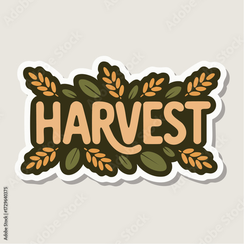 harvest hand-lettered slab type pumpkin orange wheat deep olive repeating wheat stalk motif falling leaves kraft paper texture organic die-cut vector sticker for fall packaging and farmers market