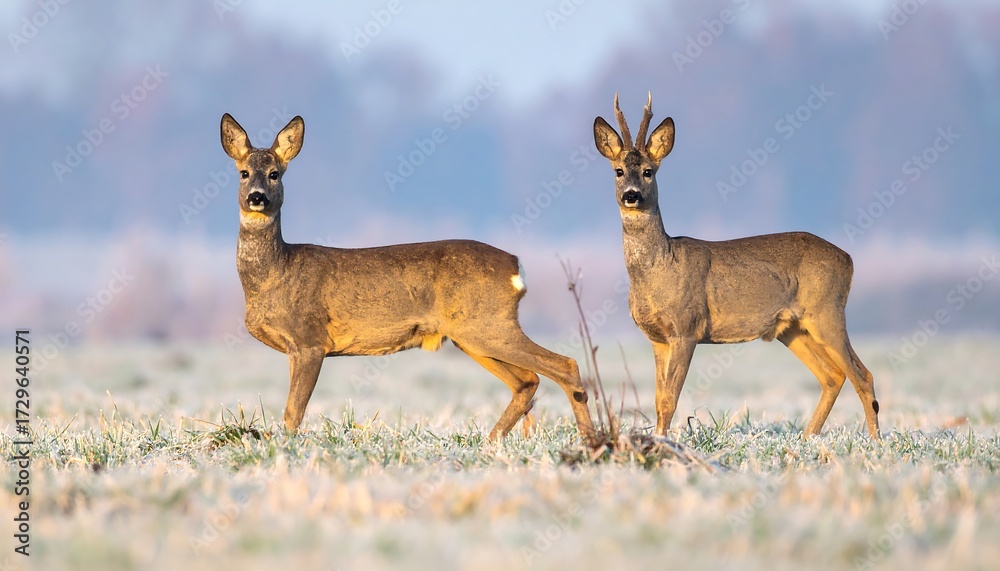 Fototapeta premium Two Roe deer in a frosty field at dawn