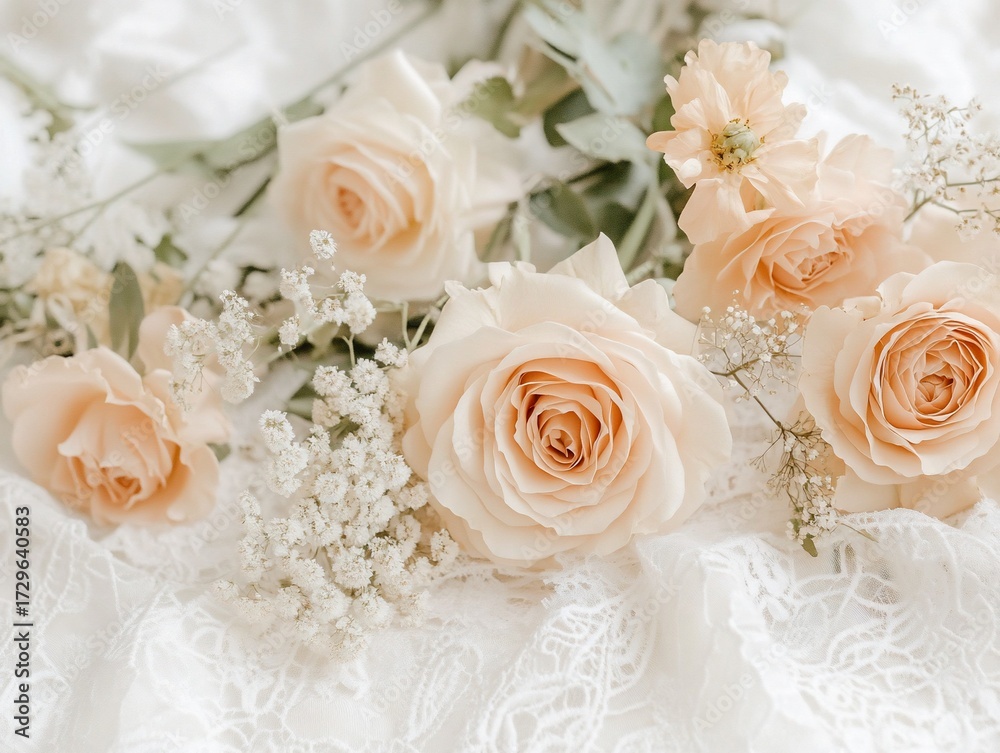 Obraz premium Elegant pastel roses and delicate lace create a romantic and serene composition