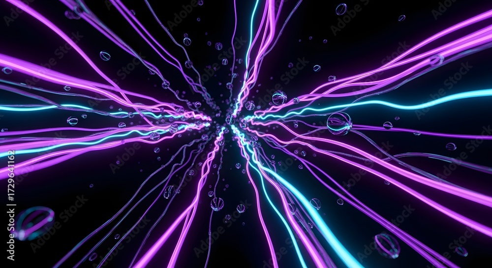 Naklejka premium Abstract futuristic tunnel of glowing purple and cyan data streams with liquid bubbles on a dark background.