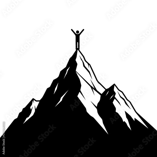 Silhouette of a person standing on a mountain peak with arms raised