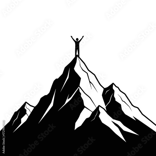 Silhouette of a person with arms raised on a mountain peak