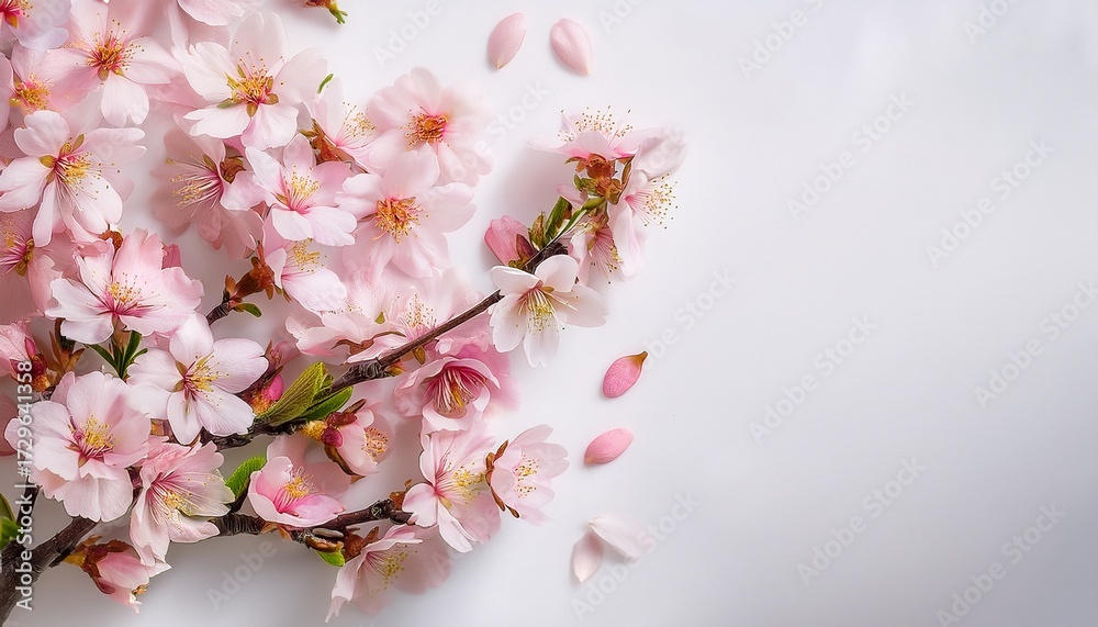 Fototapeta premium Delicate Almond Pink Blossoms Pristine White Background Blossom Bloom Spring