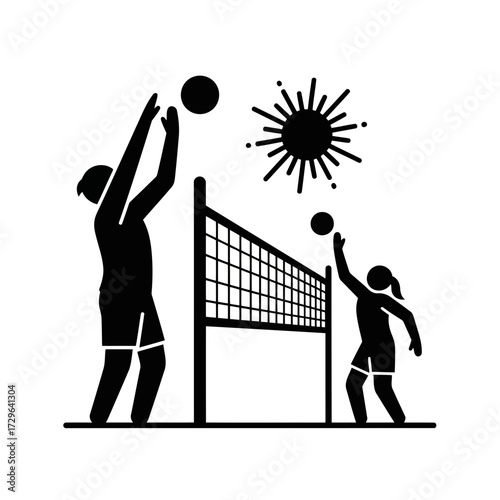 Silhouette of two people playing volleyball on a