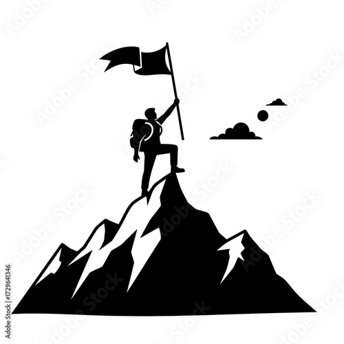 Silhouette of a hiker with a flag on a mountain peak