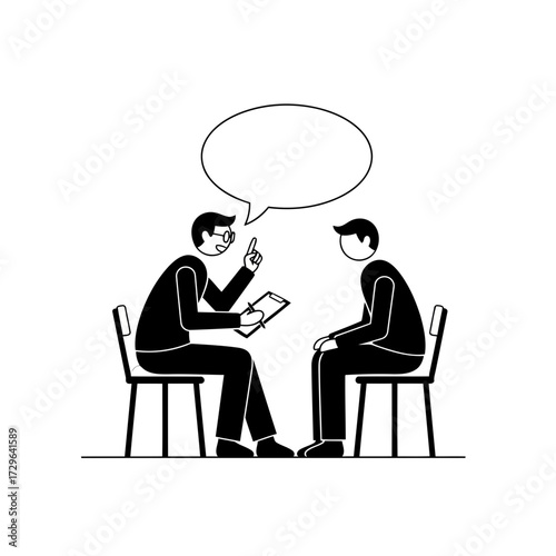 Two men sitting on chairs talking, one holding a clipboard