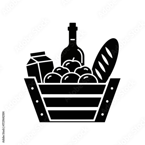 Basket of groceries with apples, milk, bread, and wine bottle