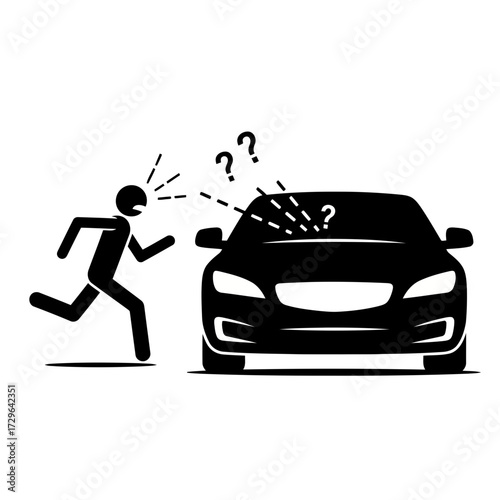 Confused person running towards a car with question marks above it