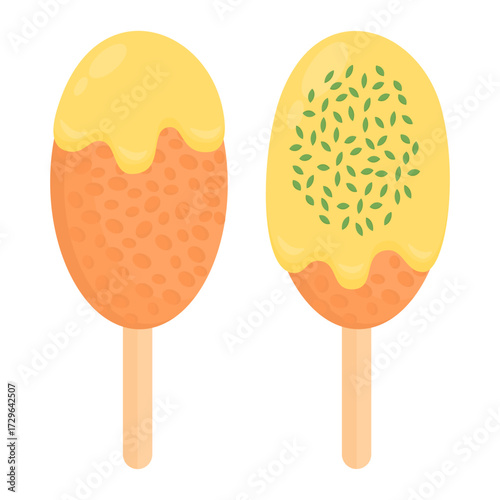 Cheese corn dog with melted topping and green seed garnish in flat design