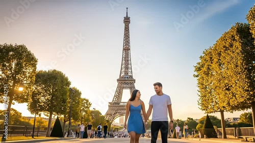 A romantic couple enjoying a sunset stroll near the Eiffel Tower.