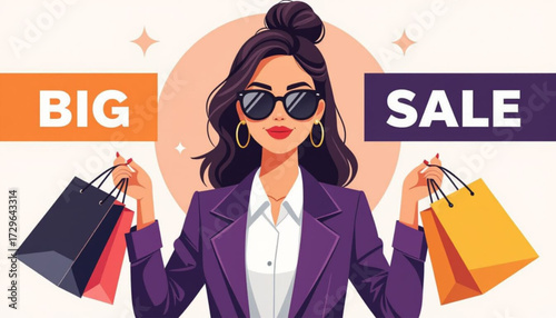woman with shopping bags vector. Trendy woman celebrating a big sale, carrying shopping bags with discounts up to 50% off. Shopping banner vector. Big sale banner.