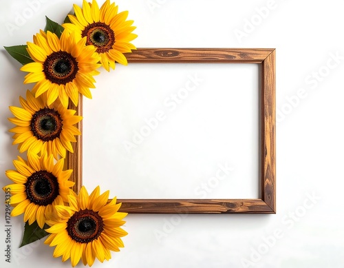 Sunflowers with Wooden Frame on White Background for Design and Decor