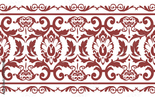 A classic damask pattern in a rich terracotta and cream color scheme. The design features intricate swirls, flourishes, and floral motifs, creating an elegant and timeless look.