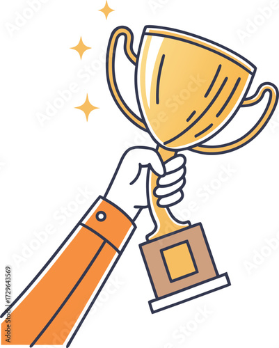 Hand holding golden trophy with stars celebration award victory achievement vector