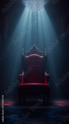 Majestic royal throne bathed in dramatic overhead spotlight symbolizing power and authority
