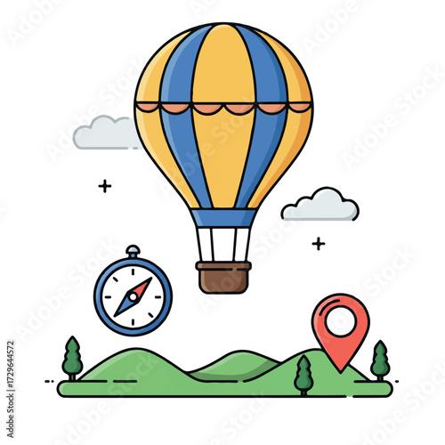 Vibrant 2D flat vector illustration of a hot air balloon floating over a stylized landscape, marked by a compass and location pin for aerial navigation.