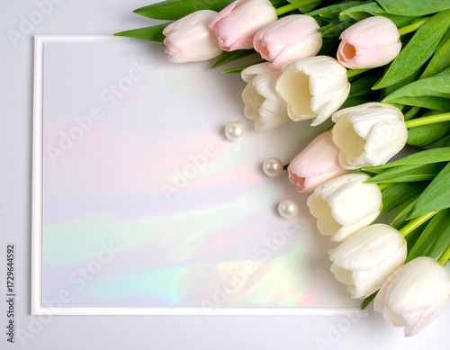 Tulips Arranged on White Background with Pearls and a Frame
