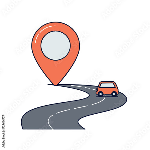 A vibrant 2D flat vector illustration showcases a car driving along a winding road, accurately guided by a prominent GPS navigation pin indicating its precise destination.