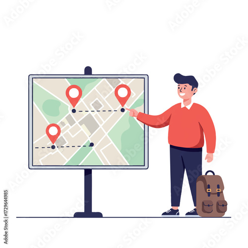 A happy tourist points to a specific location on a large city map board, with a backpack, in a vibrant 2D flat vector illustration style on a clean white background.