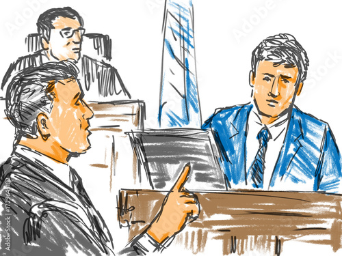 Pastel pencil pen and ink sketch illustration of a courtroom trial setting with judge and lawyer questioning a defendant, plaintiff, witness on court case in judiciary court of law and justice.