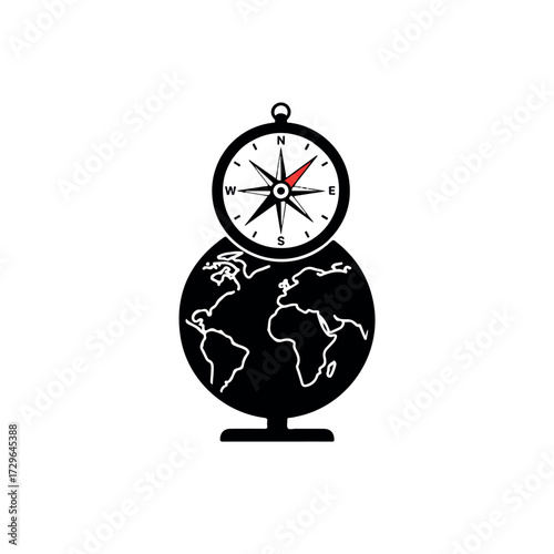 A bold 2D vector illustration features a black silhouette compass on a stylized globe with cardinal directions, set on a white background, symbolizing navigation and global exploration.