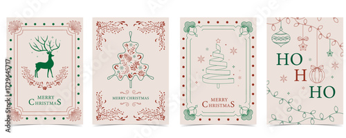 Minimal art deco with christmas tree, reindeer,ho ho ho  outline.vector illustration for Christmas party invitation card, postcard, menu ,print, social media template