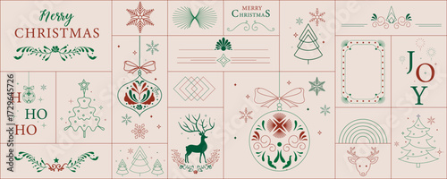 Minimal art deco with christmas tree,bauble,wreath,border outline.vector illustration for Christmas party invitation card, postcard, menu ,print, social media template