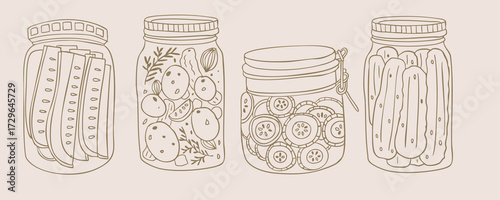 Pickle jar with cucumber,tomato preserved vegetables doodle style.vector illustration for food design