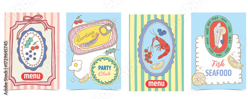 Vintage pastel canned sardine, fish on plate and seafood menu poster set in retro cartoon vector illustration style for summer party card invitation