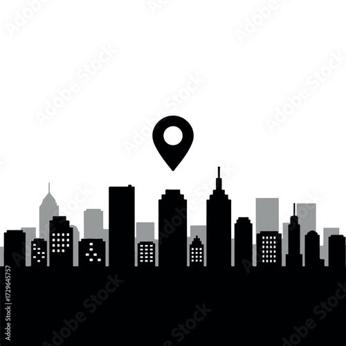 A vibrant 2D flat vector illustration captures a bustling black silhouette city skyline, with a prominent map pin icon highlighting a specific point of interest against a clean white background.