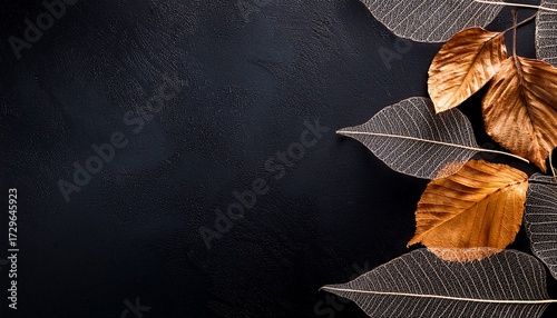 Autumn Leaves Background Skeleton Leaves On A Black Texture With Copy Space Fall Banner