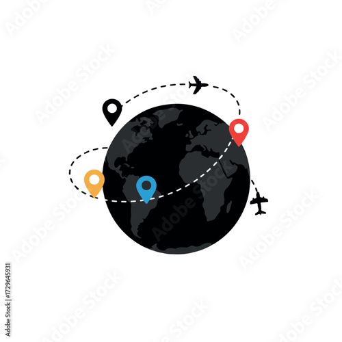 A vibrant flat 2D vector illustration features a stylized black silhouette globe with interconnected navigation lines and a small airplane flying around it, all against a clean white background.