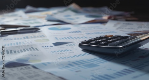Financial Analysis and Data Charts, Calculator, and Pen