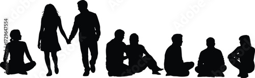 People silhouette vector, sitting and walking poses, social interaction design, relaxed posture graphic, companionship concept illustration, flat vector illustration