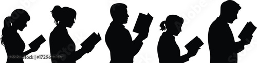 Reading, education, learning, knowledge, book lovers, study, students, library, literature, silhouette, people, profile, black, flat, vector, illustration, academic, intellectual, posture, engaged