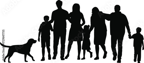 Family walking with dog, silhouette style, generational bond, unity, companionship, outdoor moment, black figures, flat vector illustration